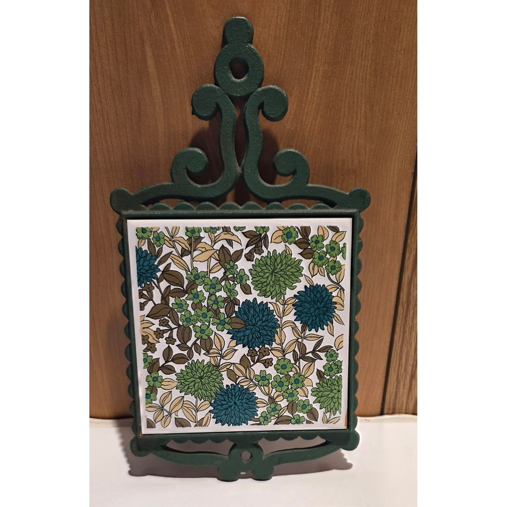 Vintage Cast Iron Floral Ceramic Tile Trivet Green Metal Japan Mid Century Retro